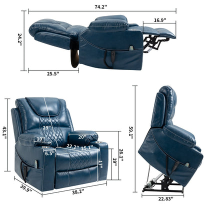 Fauteuil inclinable électrique surdimensionné en cuir PU avec massage, chauffage lombaire, porte-gobelet, inclinaison à plat à 180°