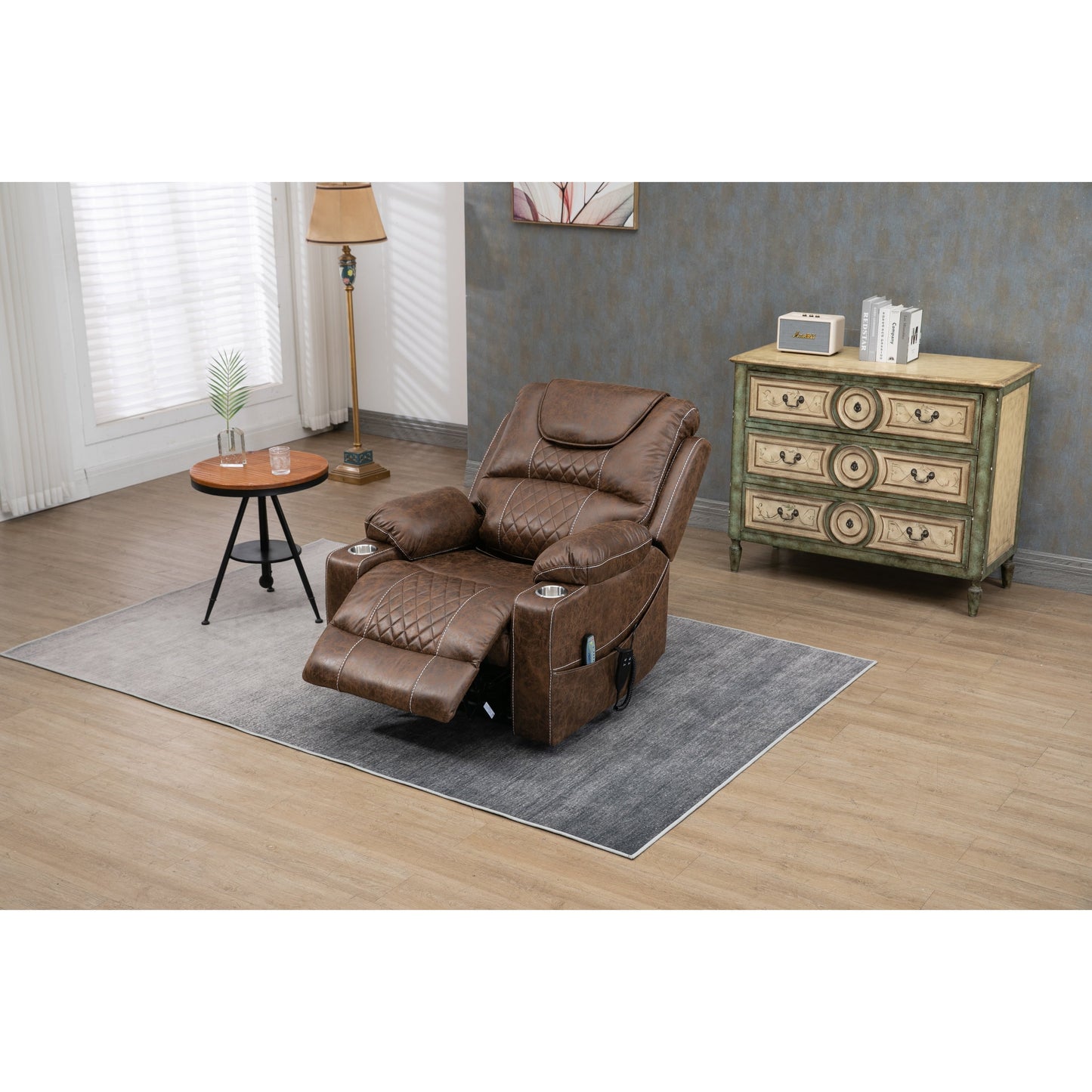 Fauteuil inclinable électrique surdimensionné en cuir PU avec massage, chauffage lombaire, porte-gobelet, inclinaison à plat à 180°