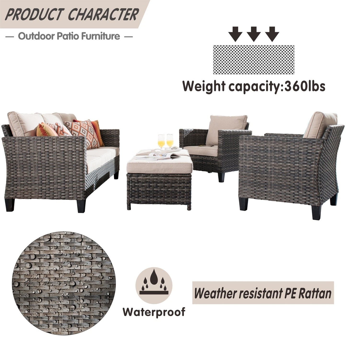 Ensemble de 5 sièges de jardin à dossier haut en osier OVIOS