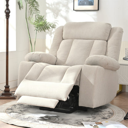Fauteuil releveur électrique pour personnes âgées, en tissu, avec repose-pieds allongé, 2 porte-gobelets, poches latérales et télécommande.