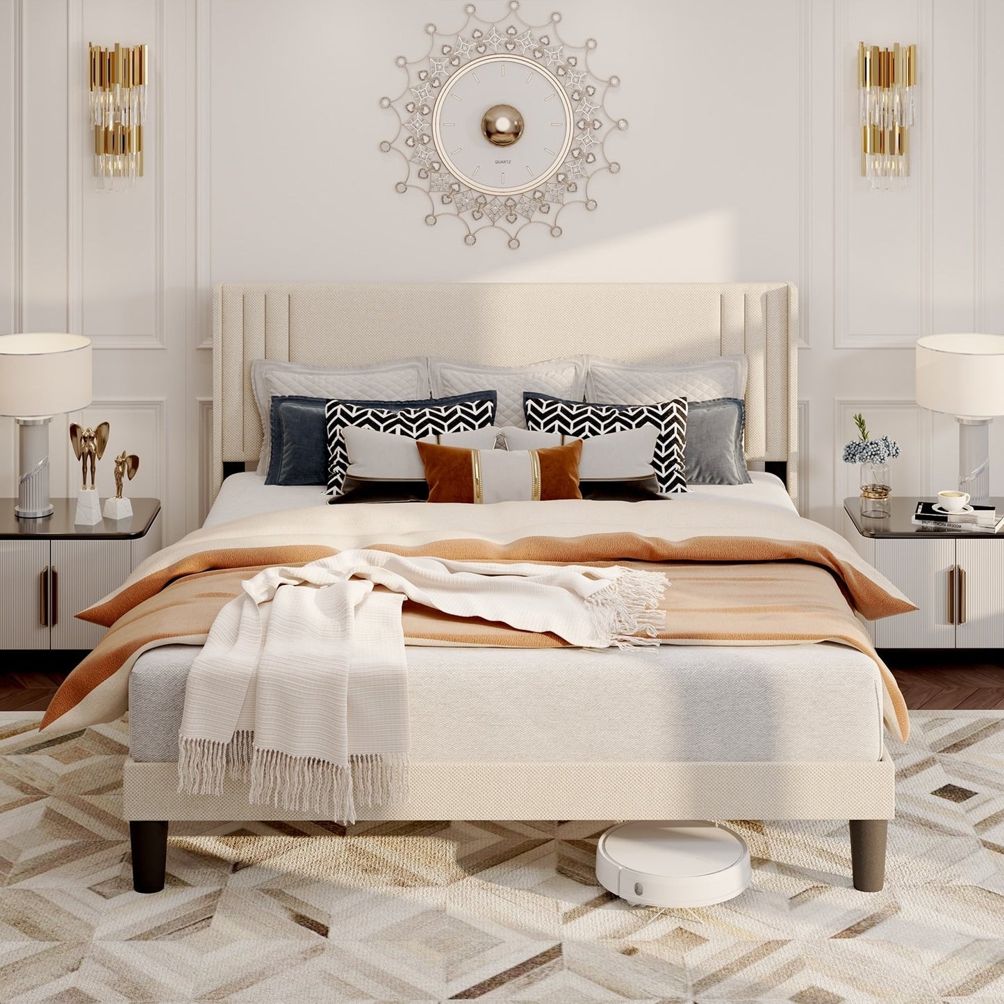 Lit Queen/Full rembourré à canaux verticaux avec tête de lit à oreilles