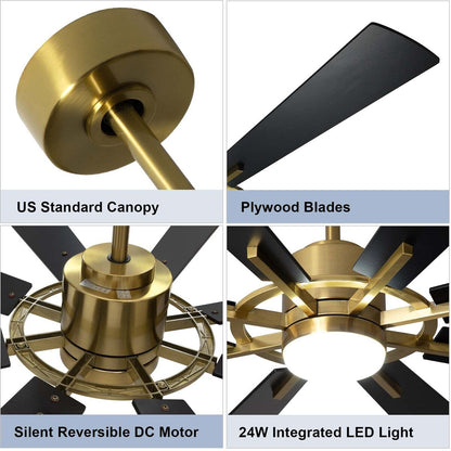 Ventilateur de plafond télécommandé avec lumières, grandes 8 pales en bois