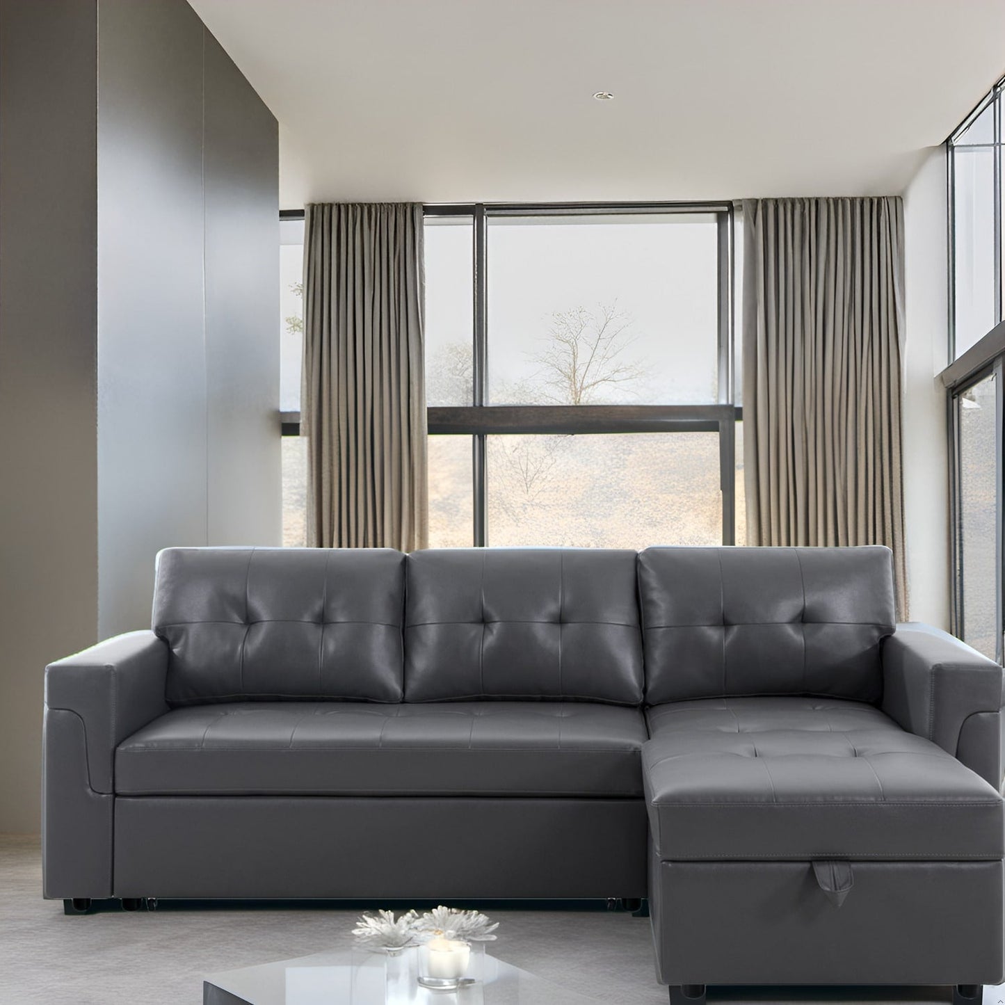 Canapé sectionnel réversible avec lit gigogne, méridienne avec rangement dissimulé, pieds durables,