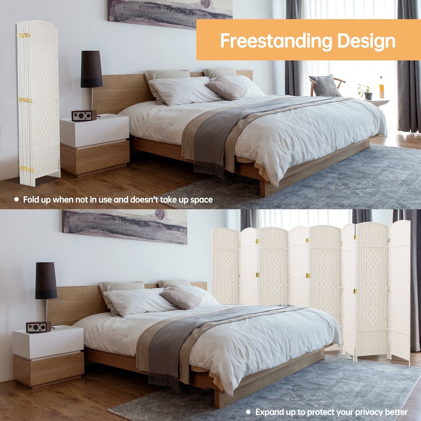 Paravent de séparation de pièce de 6 pieds de haut en fibre tissée, écran de confidentialité autoportant, écran pliant