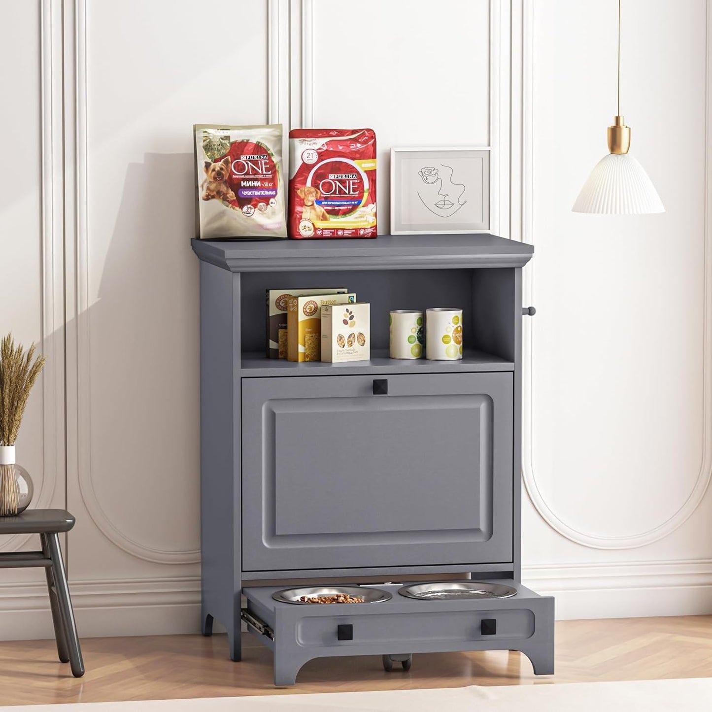 Station d'alimentation pour chiens Roomfitters avec 2 gamelles surélevées et armoire d'alimentation inclinable pour animaux de compagnie