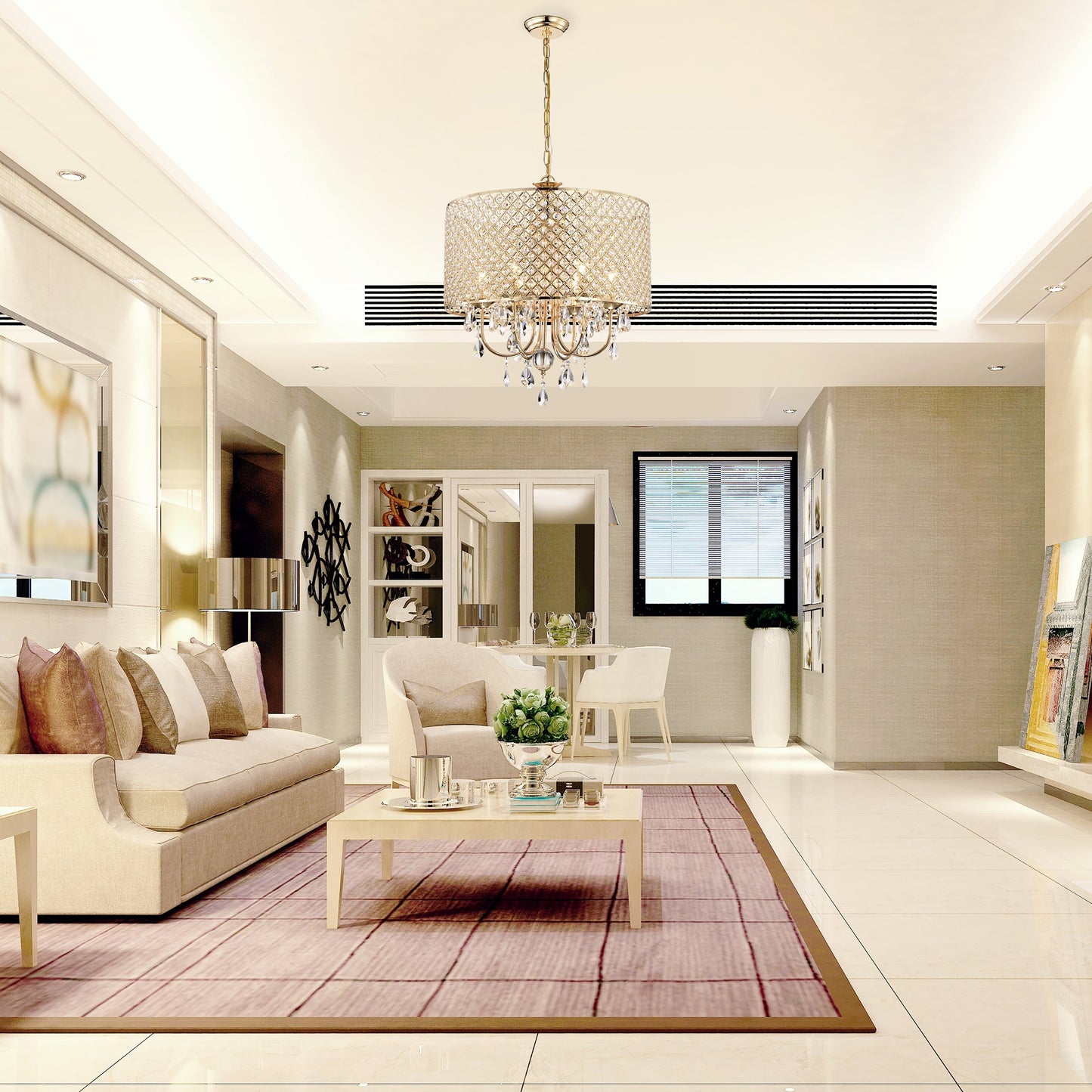 Lustre tambour à perles rondes avec cristaux suspendus