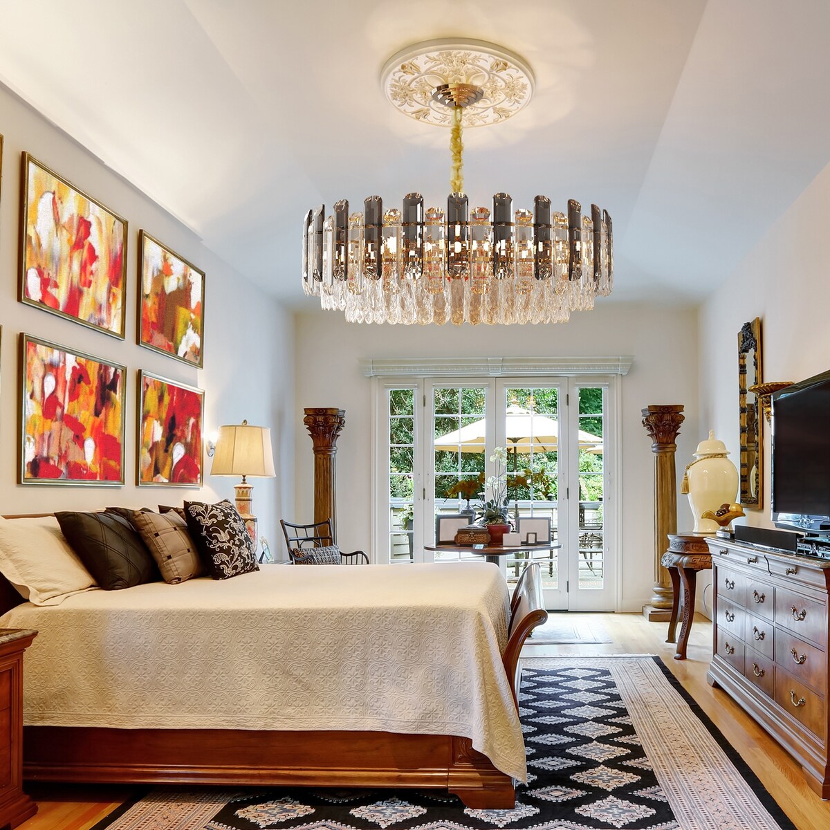 Lustre de plafond rond en cristal brillant avec éclairage à 3 couleurs