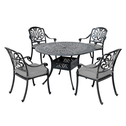 Ensemble de salle à manger rond en aluminium Saratoga 5 pièces avec coussins Sunbrella - Meilleur mobilier d'extérieur