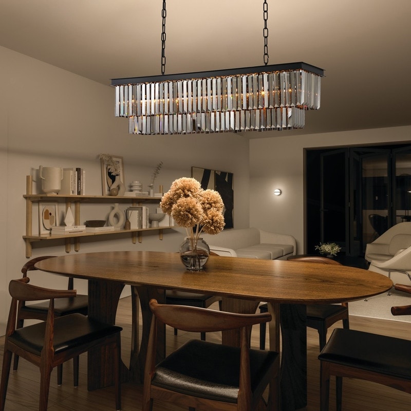 Lustre contemporain en cristal gris fumé et noir de 47 po, design linéaire à deux niveaux, luminaire suspendu pour îlot de cuisine et salle à manger.