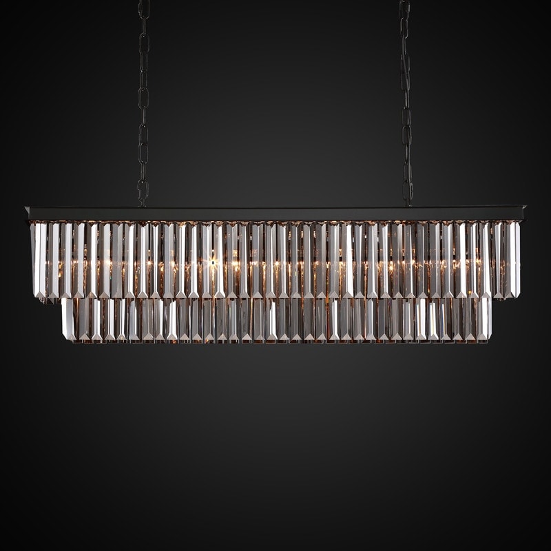 Lustre contemporain en cristal gris fumé et noir de 47 po, design linéaire à deux niveaux, luminaire suspendu pour îlot de cuisine et salle à manger.