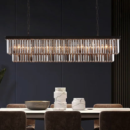 Lustre contemporain en cristal gris fumé et noir de 47 po, design linéaire à deux niveaux, luminaire suspendu pour îlot de cuisine et salle à manger.