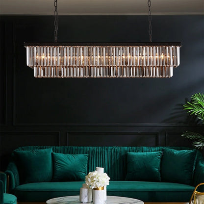 Lustre contemporain en cristal gris fumé et noir de 47 po, design linéaire à deux niveaux, luminaire suspendu pour îlot de cuisine et salle à manger.