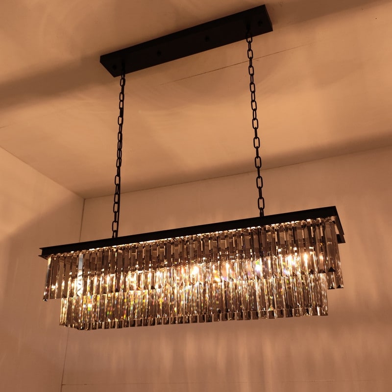 Lustre contemporain en cristal gris fumé et noir de 47 po, design linéaire à deux niveaux, luminaire suspendu pour îlot de cuisine et salle à manger.
