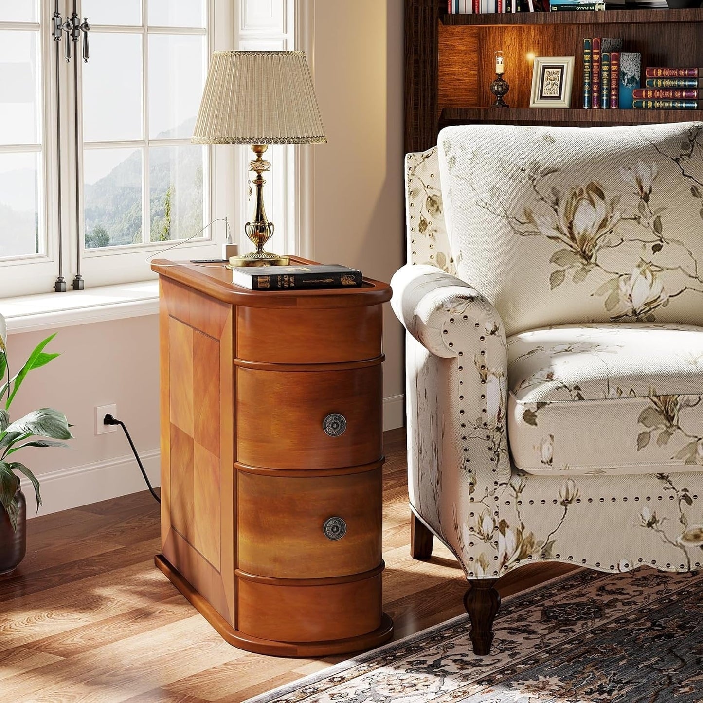 Table d'appoint étroite à deux tiroirs en bois massif