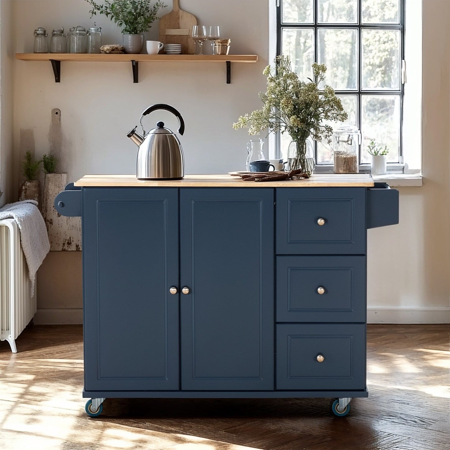 Desserte de cuisine Sophia &amp; William avec abattant et plateau en bois d'hévéa, chariot de cuisine roulant avec grand meuble de rangement