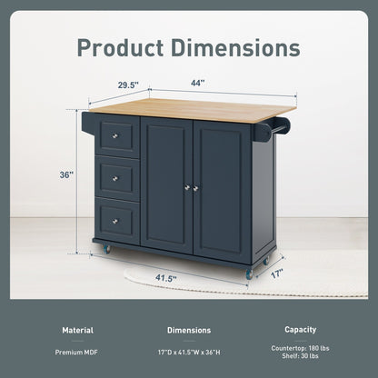 Desserte de cuisine Sophia &amp; William avec abattant et plateau en bois d'hévéa, chariot de cuisine roulant avec grand meuble de rangement