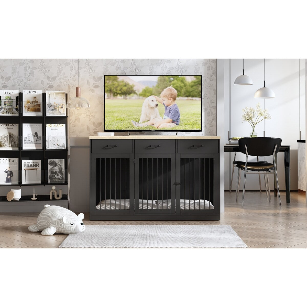 Élégant meuble en bois pour cage à chien avec rangement, 3 tiroirs