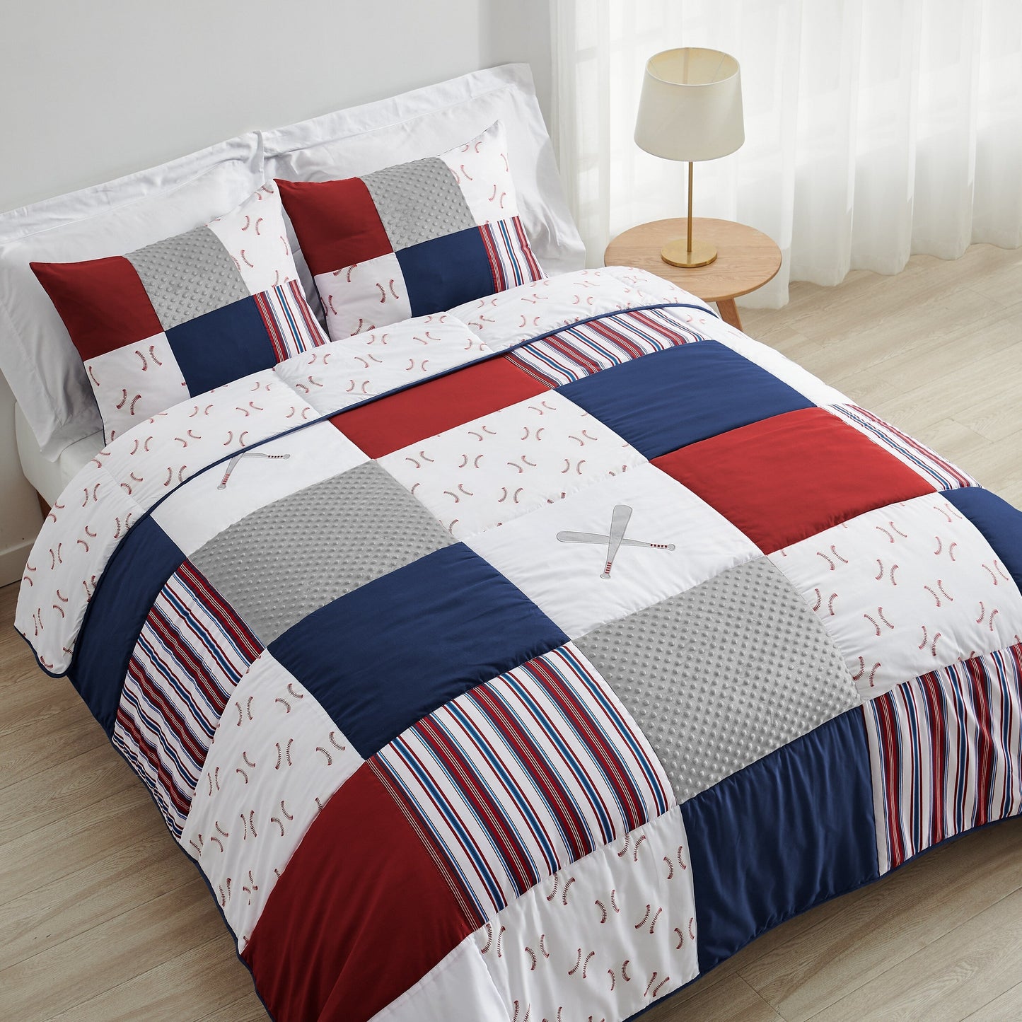 Ensemble de couette 3 pièces pour garçon, collection Sports, motif de baseball rouge, blanc et bleu, taille double/queen