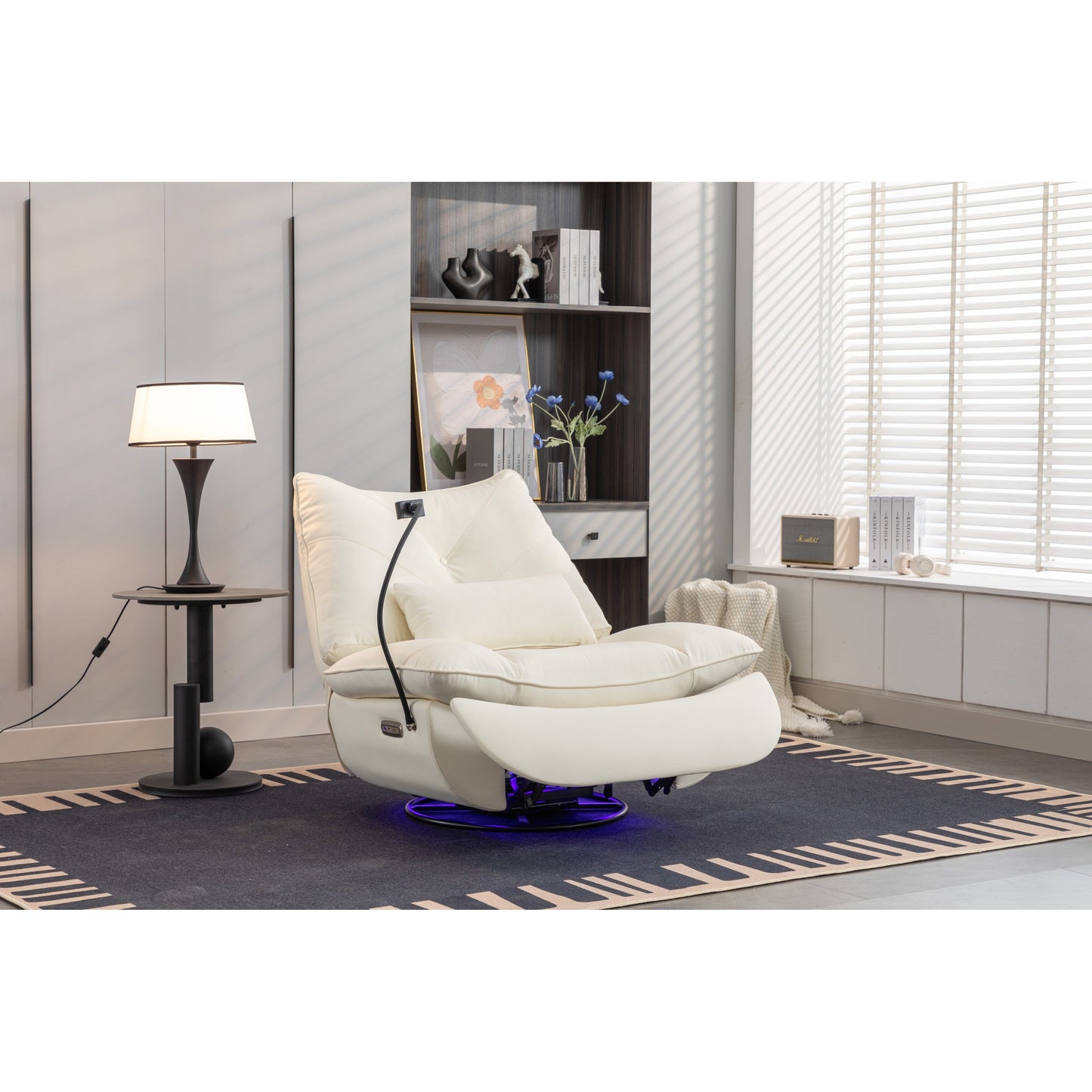 Fauteuil inclinable pivotant et électrique avec haut-parleurs Bluetooth, support de téléphone, ports de chargement USB et Type-C, rangement dissimulé dans les accoudoirs