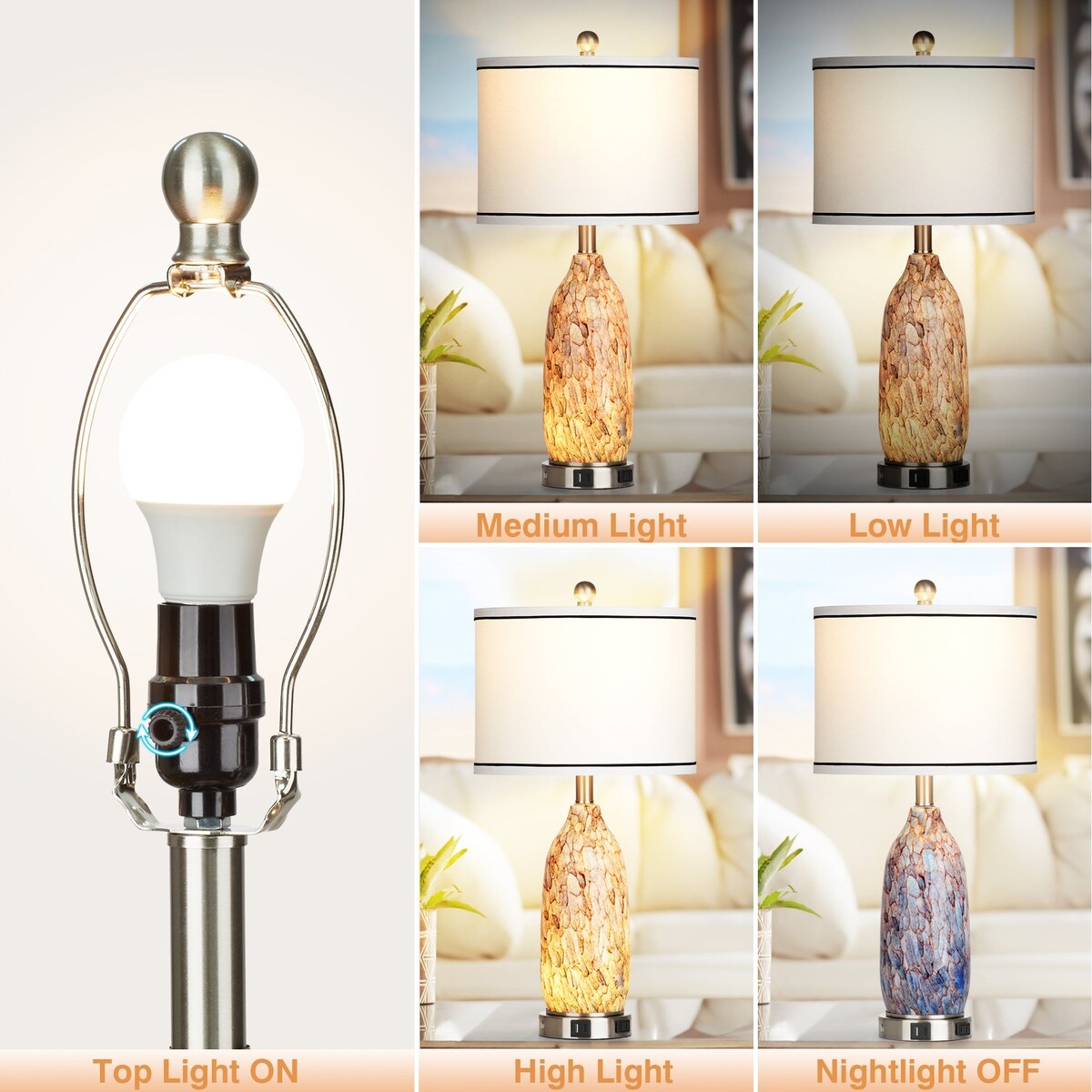 Lampe de table 2 en 1 avec veilleuse en verre indigo, ports de charge, prise secteur, abat-jour tambour, variateur tactile (lot de 2)