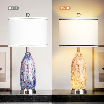 Lampe de table 2 en 1 avec veilleuse en verre indigo, ports de charge, prise secteur, abat-jour tambour, variateur tactile (lot de 2)