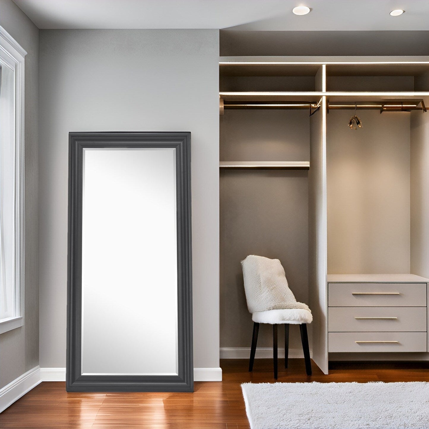 Grand miroir sur toute la surface, miroir surdimensionné, cadre en imitation bois lisse, miroir rectangulaire à suspendre au mur