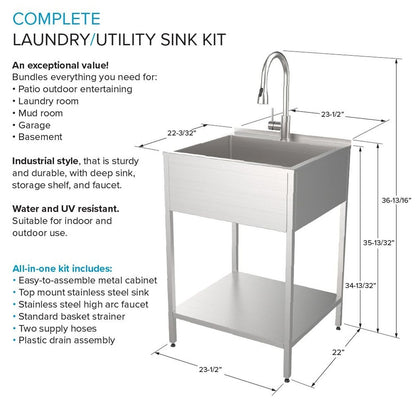 Évier de buanderie et lavabo en acier inoxydable Transolid EWS-2422S de 24 po de largeur x 22 po de profondeur x 35 po de hauteur - 24 po x 22 po