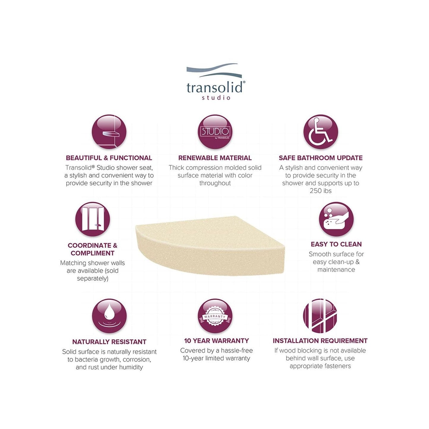 Siège de douche d'angle mural en surface solide Transolid Studio 14 po x 14 po - 14,5 x 14,25 x 3