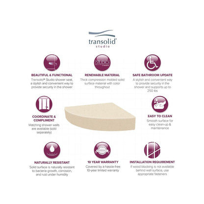 Siège de douche d'angle mural en surface solide Transolid Studio 14 po x 14 po - 14,5 x 14,25 x 3