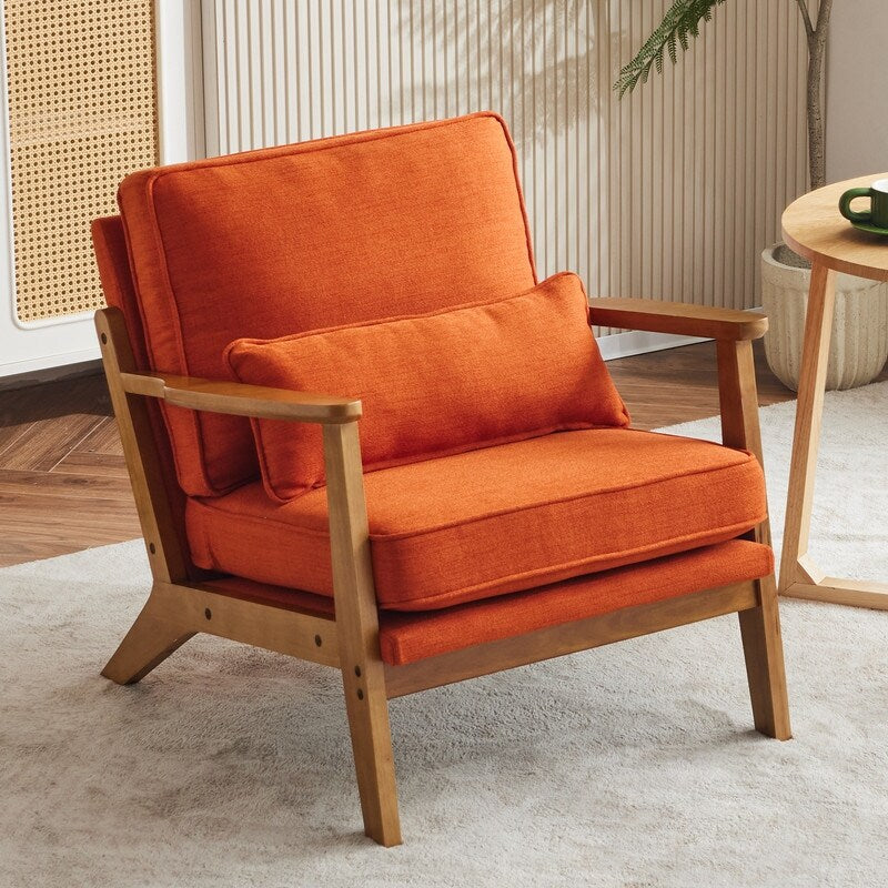 Fauteuil d'appoint rembourré en lin mélangé avec pieds en bois et un coussin beige