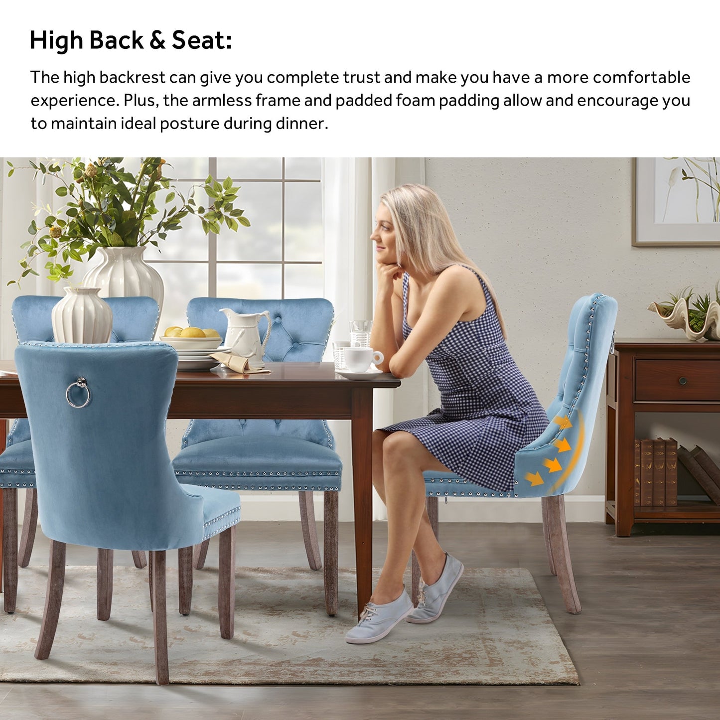 Chaise de salle à manger capitonnée en velours avec pieds en bois massif, lot de 6