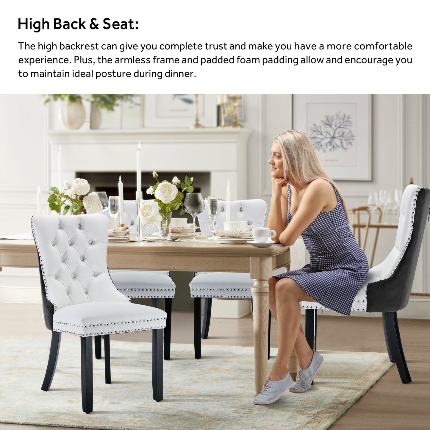 Chaise de salle à manger capitonnée en velours avec pieds en bois massif, lot de 6