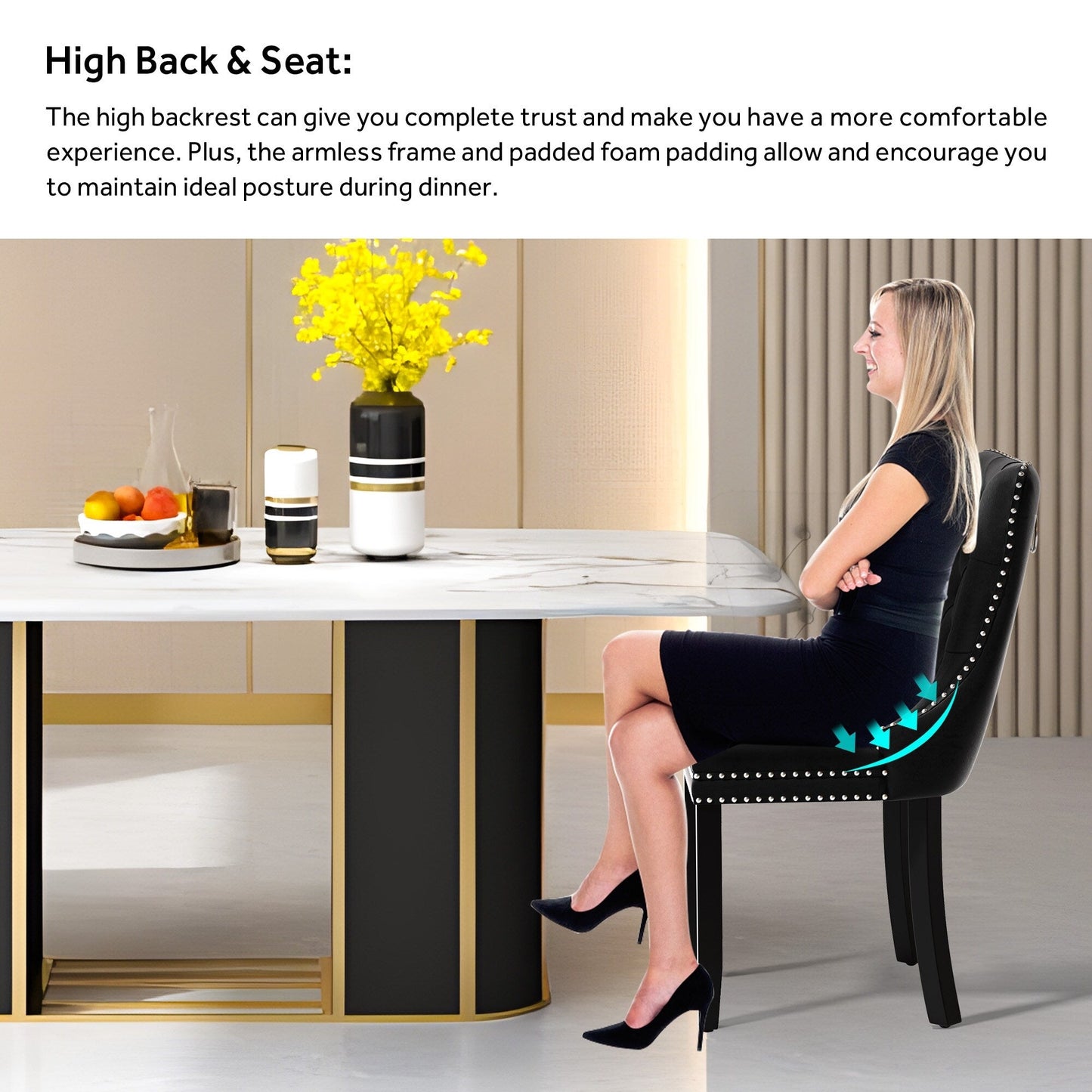 Chaise de salle à manger capitonnée en velours avec pieds en bois massif, lot de 6