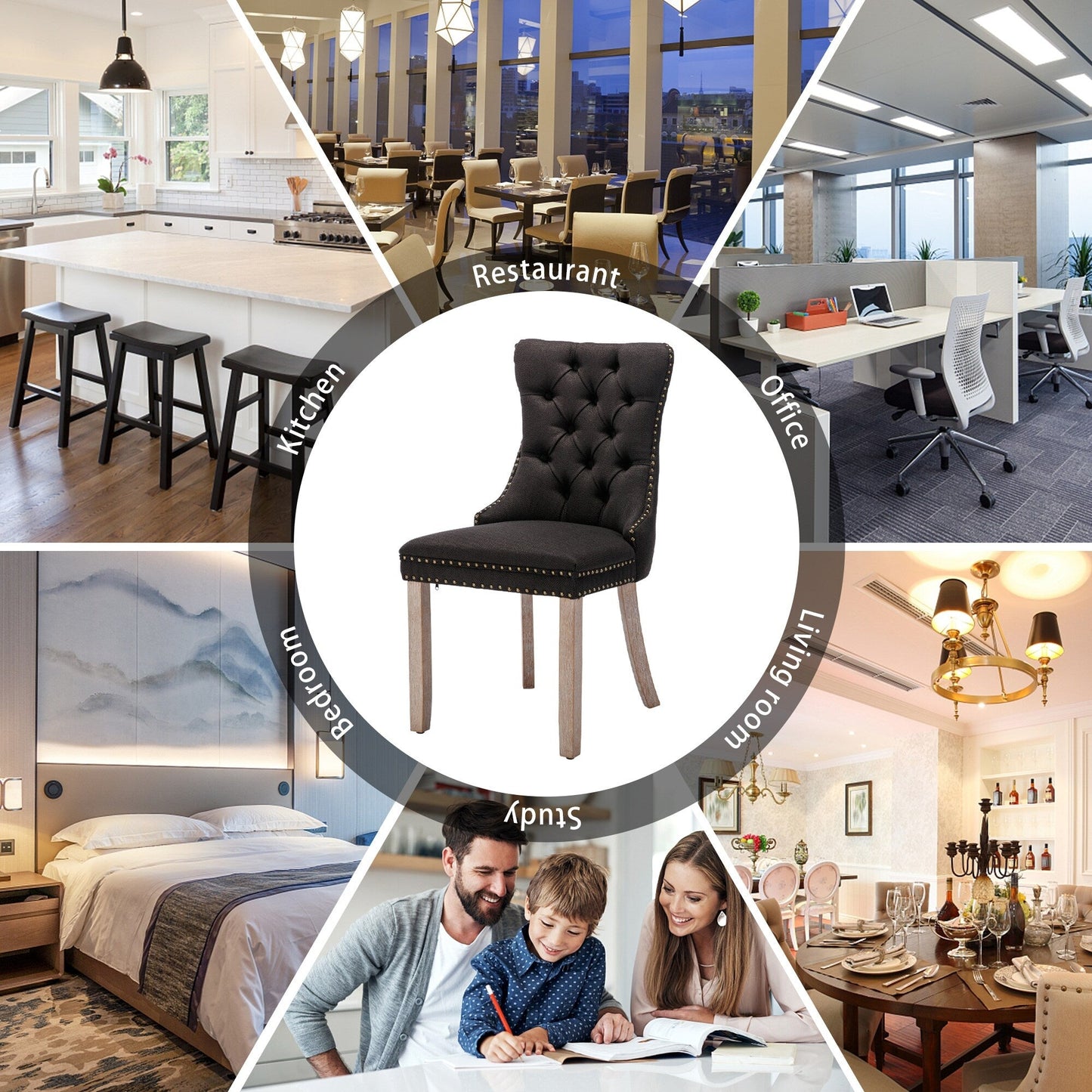 Chaise de salle à manger capitonnée en velours avec pieds en bois massif, lot de 6