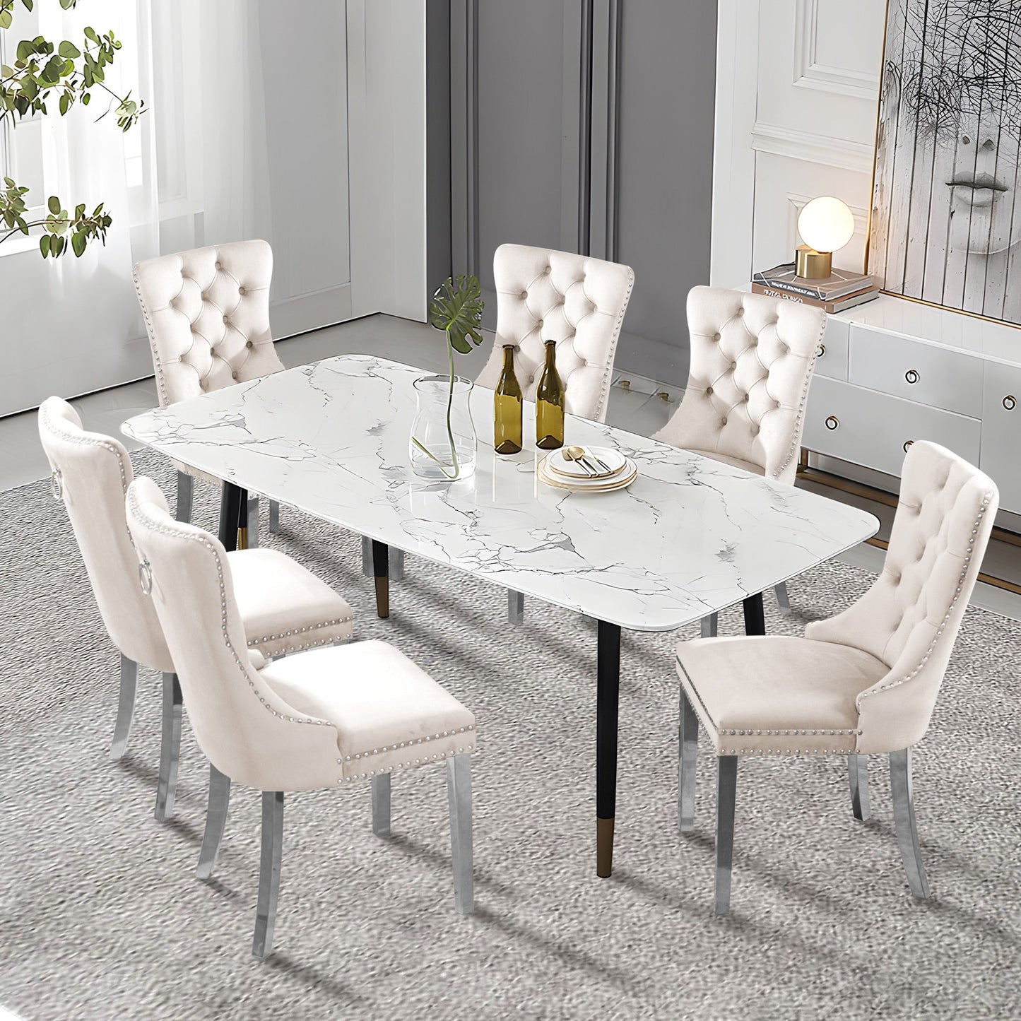 Chaise de salle à manger capitonnée en velours avec pieds en bois massif, lot de 6