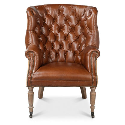 Fauteuil vintage capitonné en cuir Havana et jute