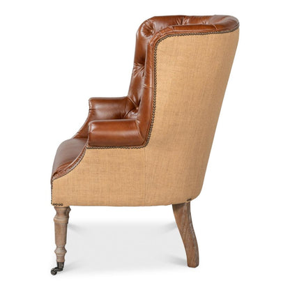 Fauteuil vintage capitonné en cuir Havana et jute