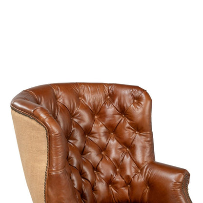 Fauteuil vintage capitonné en cuir Havana et jute