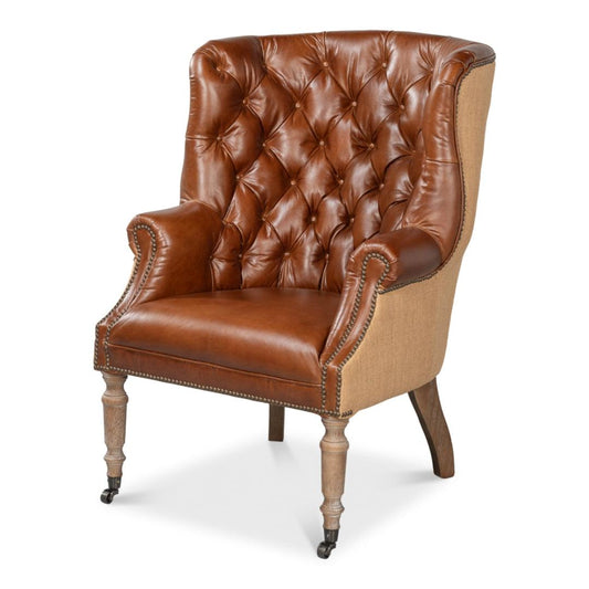 Fauteuil vintage capitonné en cuir Havana et jute