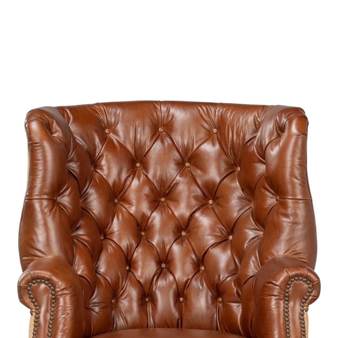 Fauteuil vintage capitonné en cuir Havana et jute