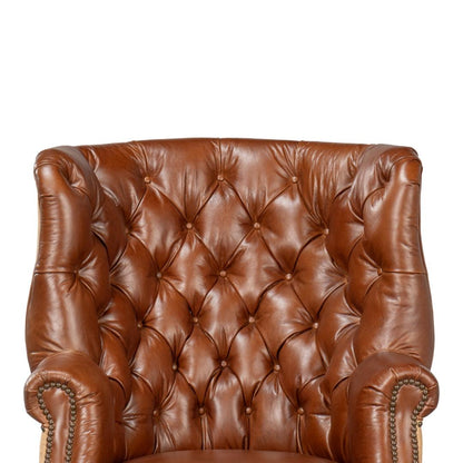 Fauteuil vintage capitonné en cuir Havana et jute