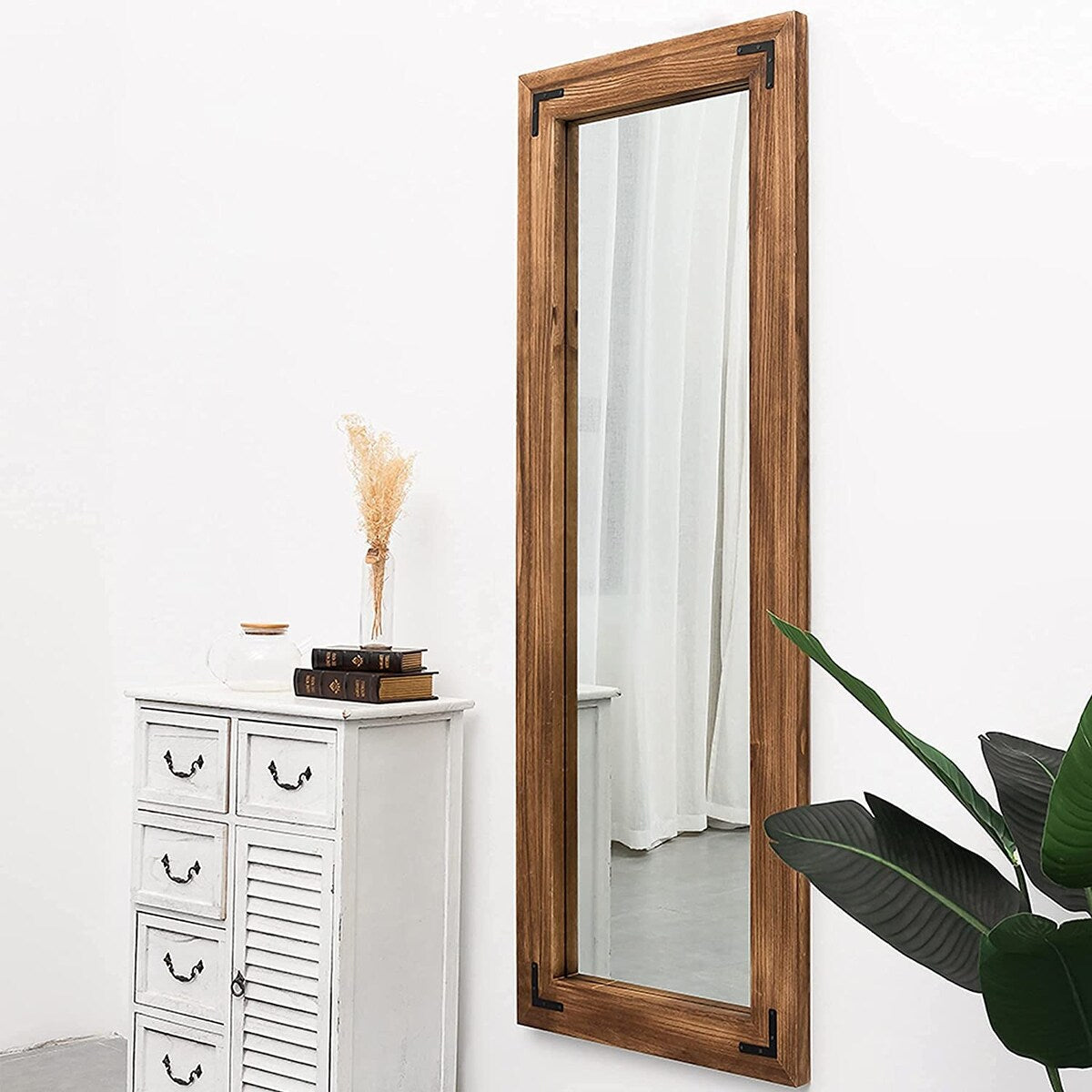 Miroir de sol rustique de style ferme avec cadre en bois - 65 x 24