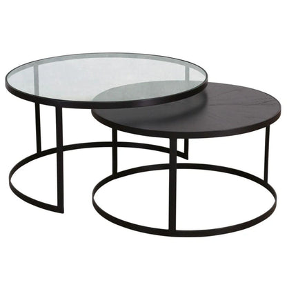 Tables gigognes en fer avec plateau en verre noir et bois