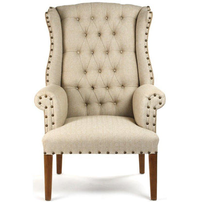 Fauteuil à oreilles capitonné en toile de jute et lin