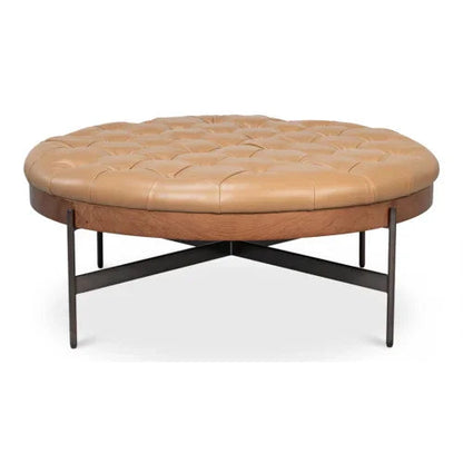 Pouf touffeté rustique en cuir pleine fleur