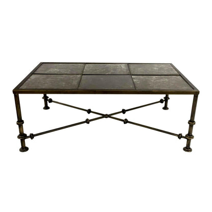 Table basse industrielle en fer et verre vieilli