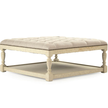 Pouf carré capitonné blanc cassé vieilli