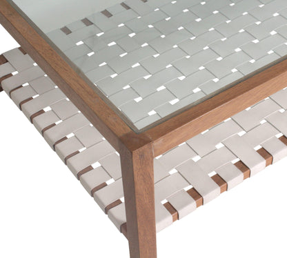 Table basse avec plateau en verre et sangles en cuir