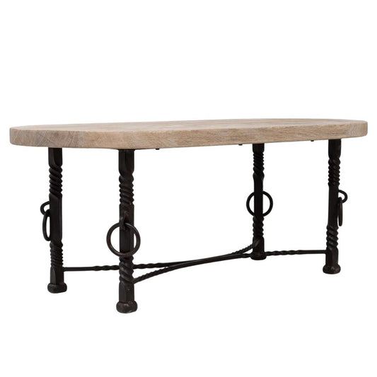Table basse rustique avec base en fer, vers 1940