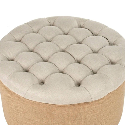 Pouf rond en toile de jute touffetée